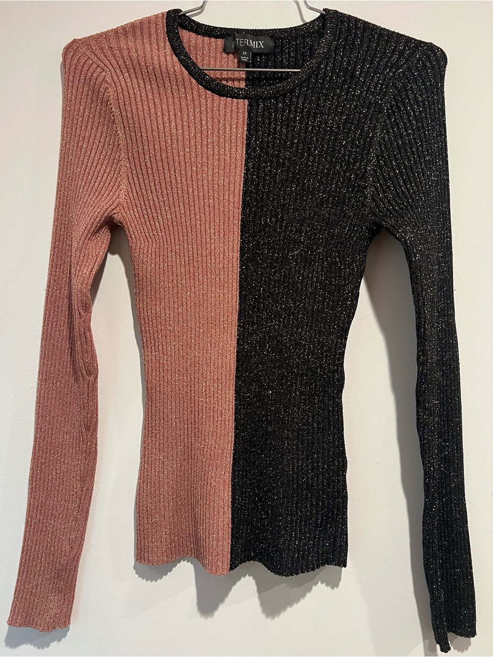 Intermix Metallic Ribbed Colorblock Sweater Pink Black Stretch Knit Medium